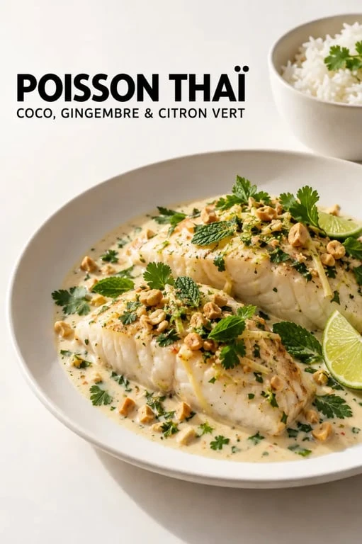 Recette poisson thailandais au lait de coco avec riz au jasmin, coriandre et cacahuètes