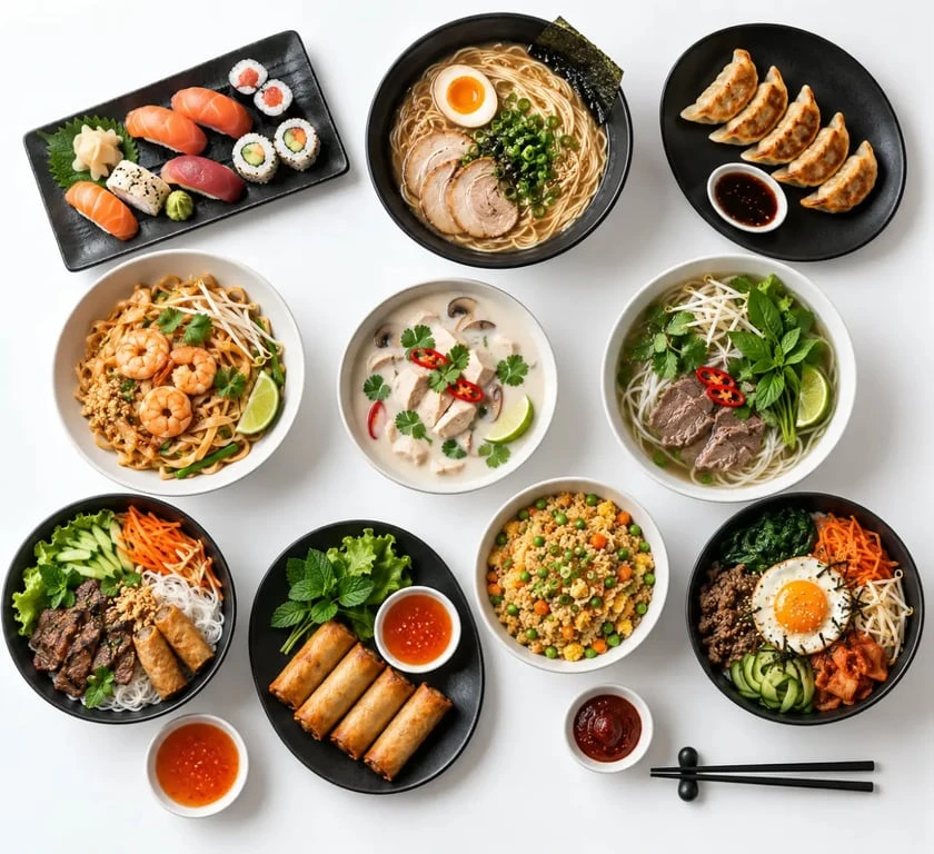 Top 10 plat asiatique : sélection visuelle de sushi, ramen, pad thaï, phở, nems et bibimbap