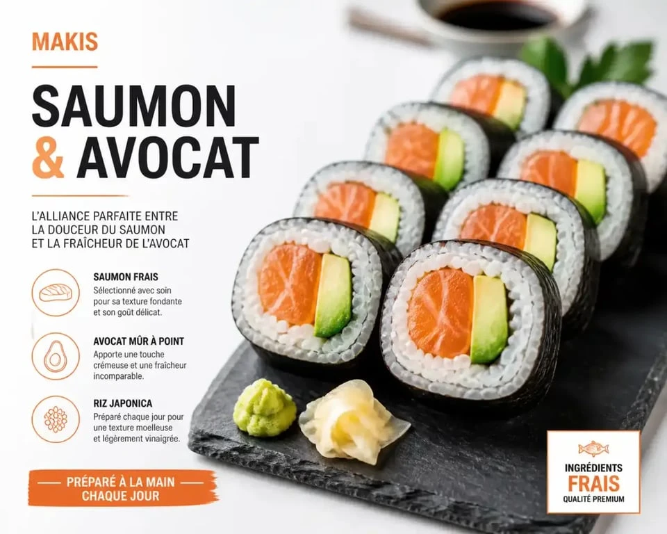 Recette de makis au saumon et avocat présentés sur une assiette