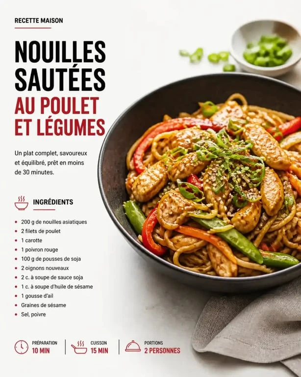 Recette de nouilles japonaises sautées au poulet et légumes frais