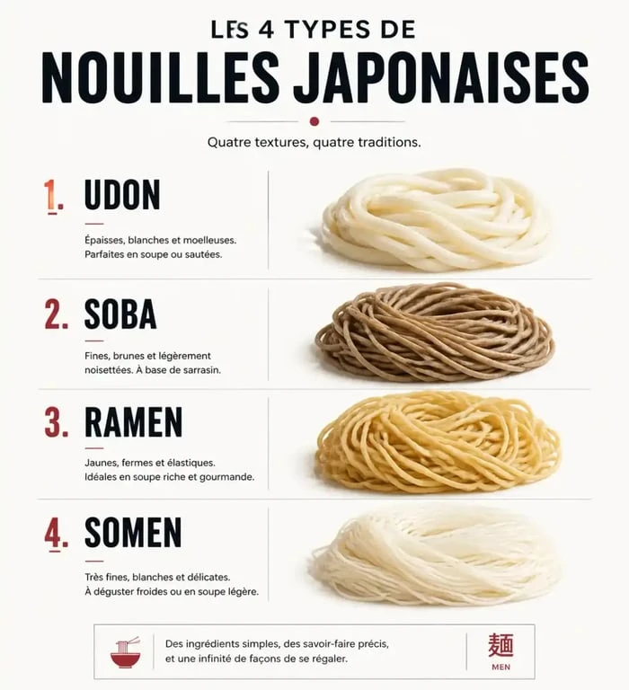 Comparatif visuel des différents types de nouilles japonaises pour mieux les identifier en cuisine