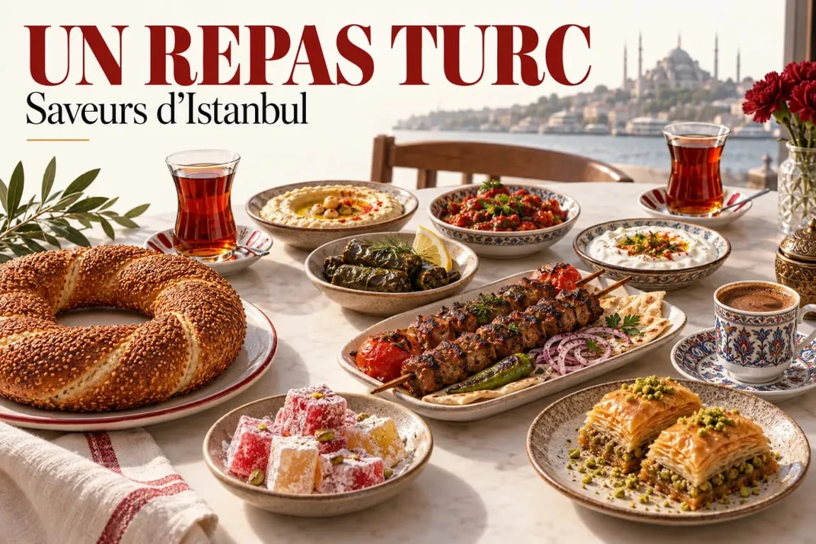 Spécialité turc : assortiment de kebap, meze, baklava, simit et thé turc