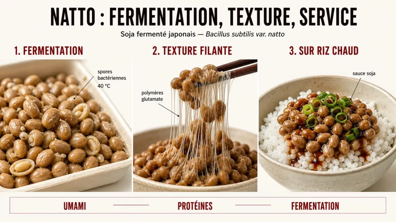 Natto japonais illustré en trois étapes : fermentation du soja, texture filante et dégustation sur riz chaud