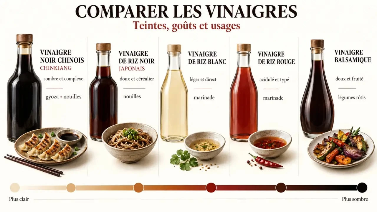 Vinaigre noir chinois et japonais comparés au vinaigre de riz blanc, rouge et balsamique