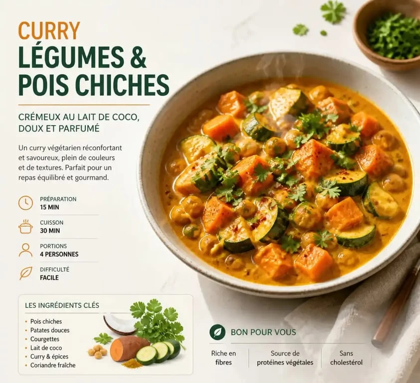 Curry vege maison aux pois chiches et légumes de saison dans une assiette creuse