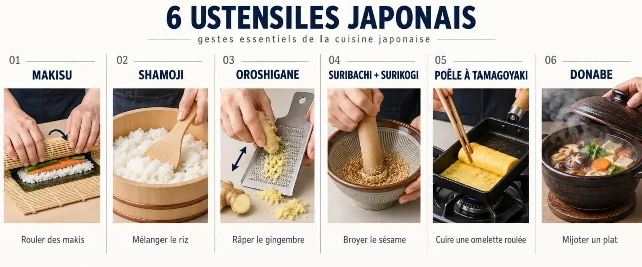 Infographie des principaux ustensiles de cuisine japonais et de leurs usages