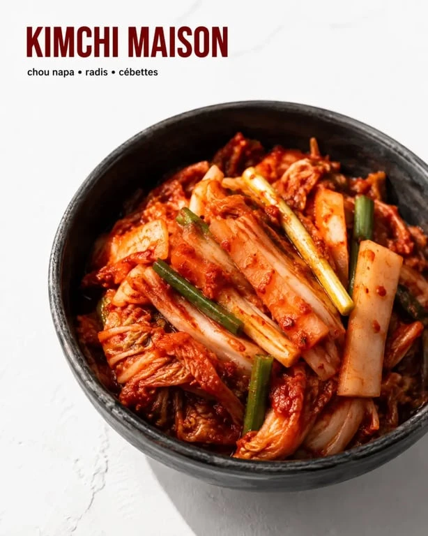 Recette kimchi facile servie dans un bol en céramique avec chou rouge, radis et cébettes