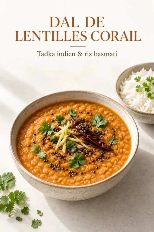 Recette de cuisine indienne : dal de lentilles corail au tadka servi avec du riz basmati