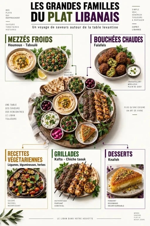Infographie des principales familles de plat libanais, du mezzé aux desserts