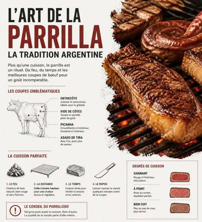 Viande de bœuf grillée sur une parrilla dans un restaurant argentin à Paris