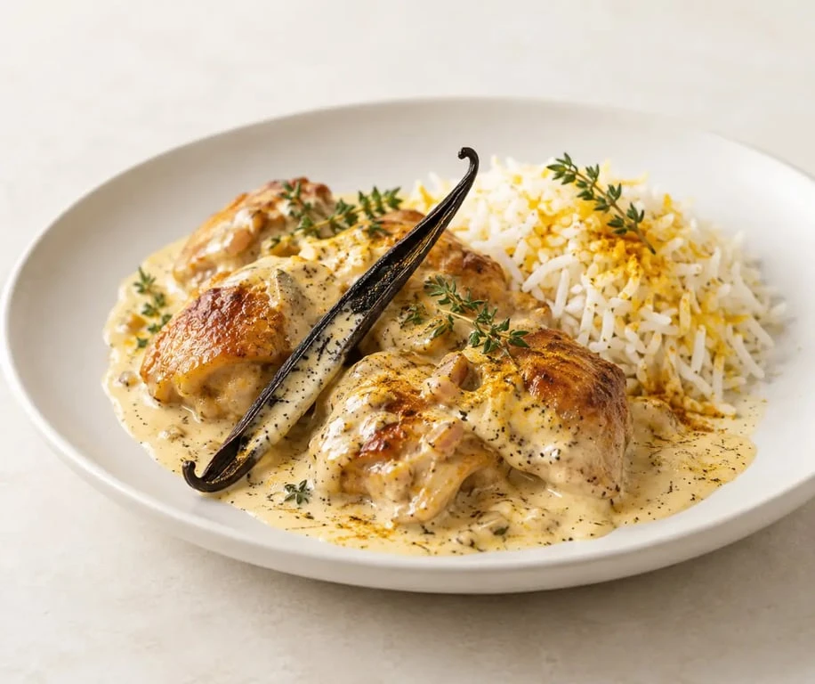 Poulet vanille crémeux servi avec du riz basmati