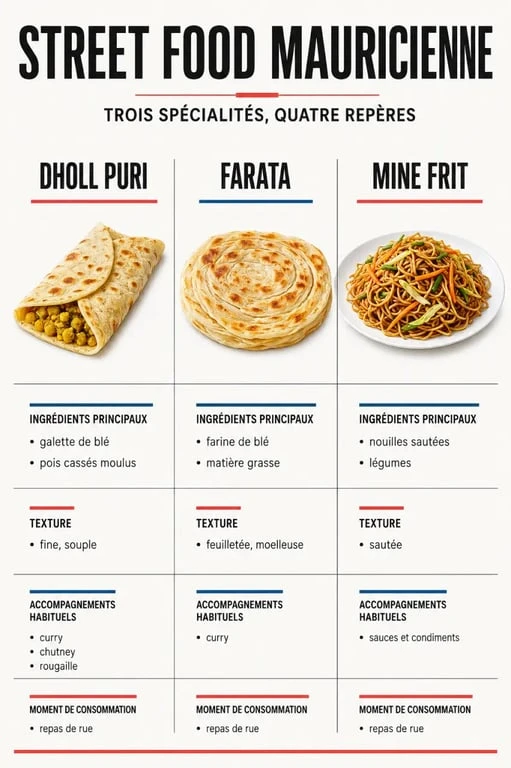 Spécialités ile Maurice : comparaison visuelle du dholl puri, du farata et du mine frit