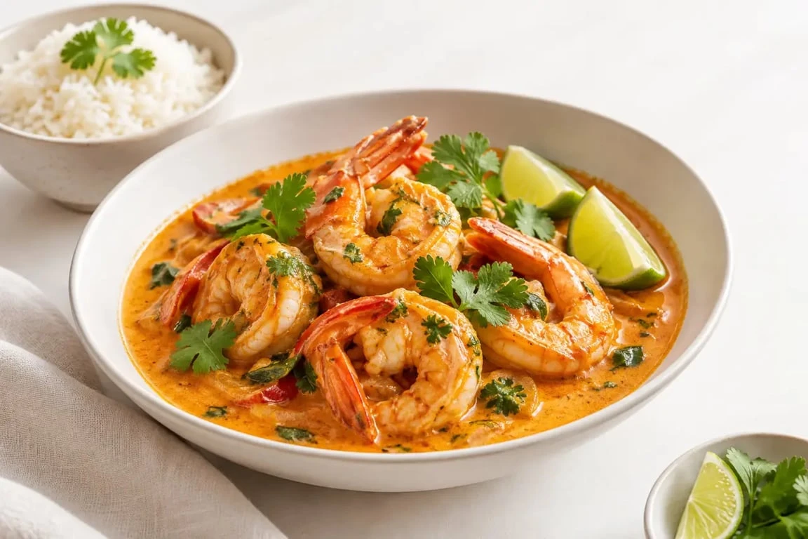 Recettes crevettes thailandaises : crevettes au curry rouge et lait de coco avec riz jasmin