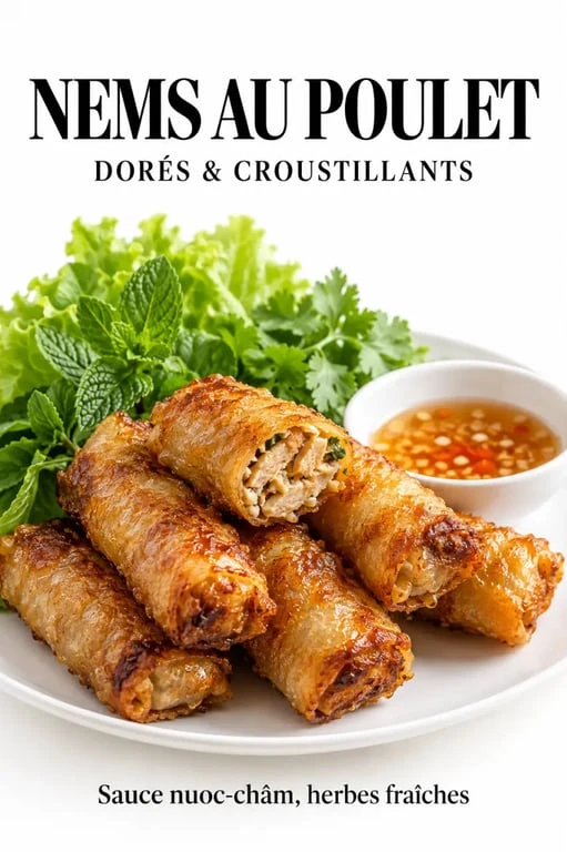 Recette pour les nems au poulet croustillants servis avec laitue, herbes fraîches et sauce nuoc cham