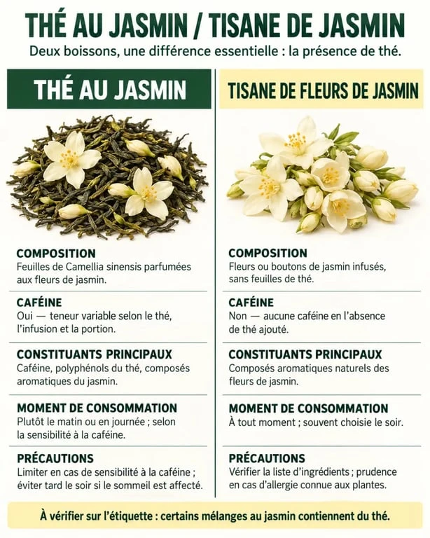 Thé au jasmin bienfaits et différence avec une tisane de fleurs de jasmin, avec comparaison de la caféine