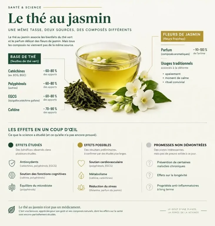 Infographie sur les bienfaits du thé au jasmin, ses antioxydants, sa caféine et les limites des preuves scientifiques