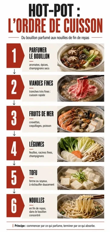 Ordre de cuisson d'un hot-pot avec ingrédients, tofu, légumes et nouilles