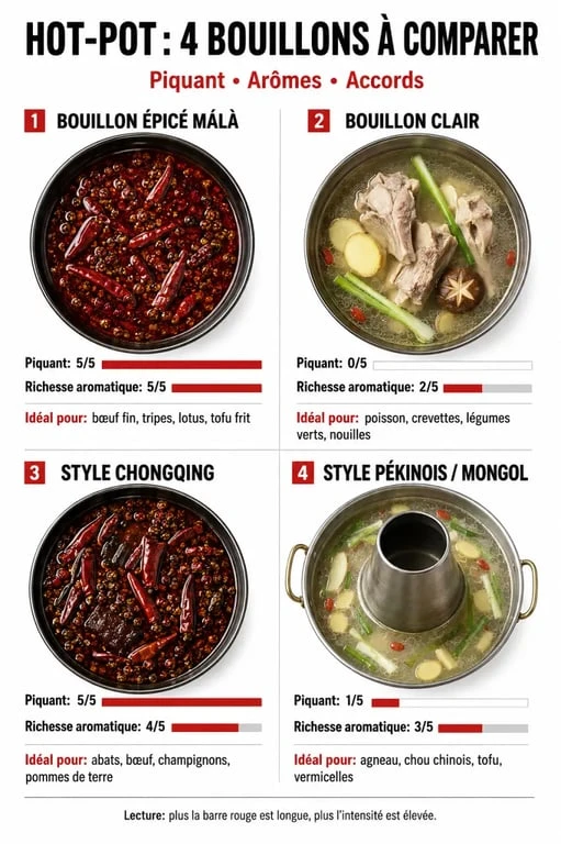 Comparatif hot-pot des bouillons épicé, clair, chongqing et pékinois