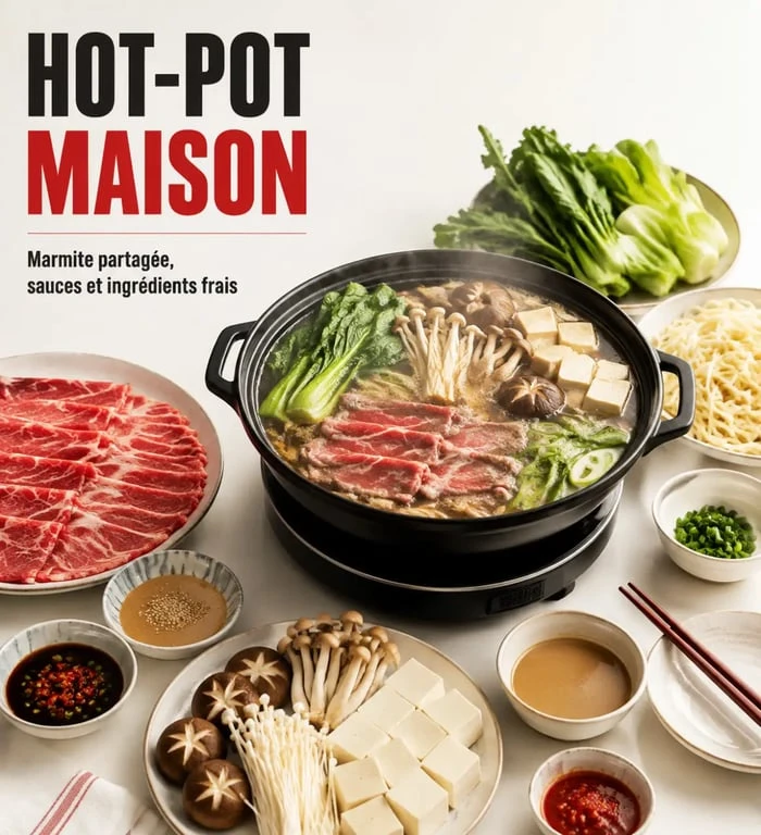 Hot-pot à la maison avec marmite, réchaud et ingrédients prêts à cuire