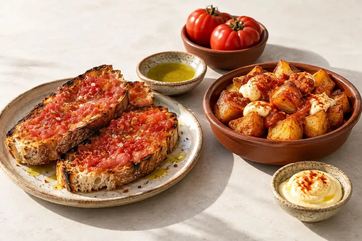 Recette tapas Barcelone avec pa amb tomàquet et patatas bravas