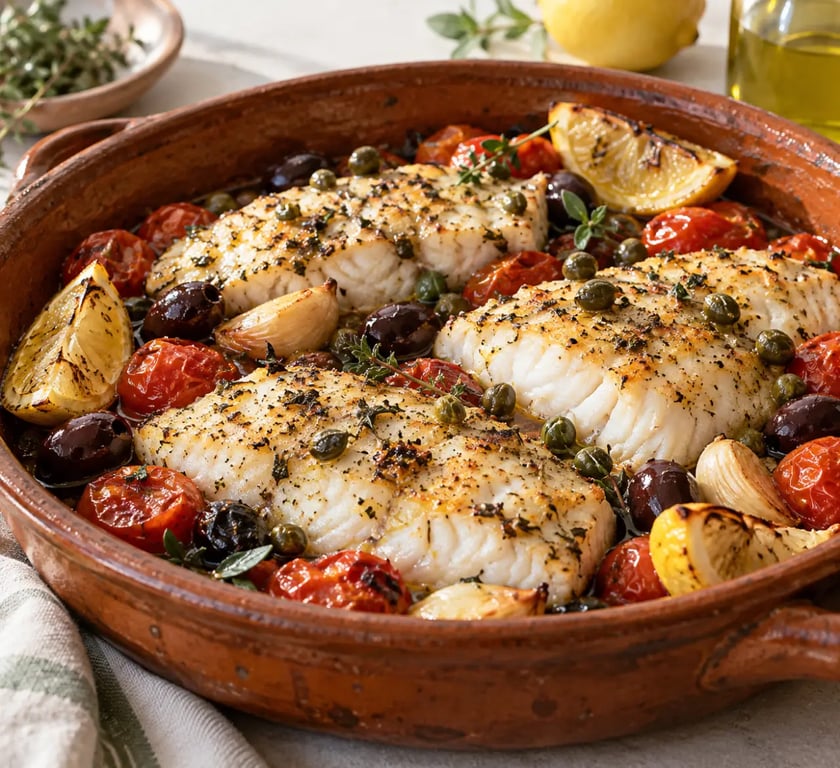 Baliste au four avec tomates, olives, citron et herbes méditerranéennes