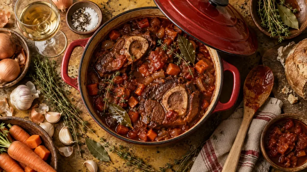Jarret de boeuf recette italienne, cocotte et sauce tomate