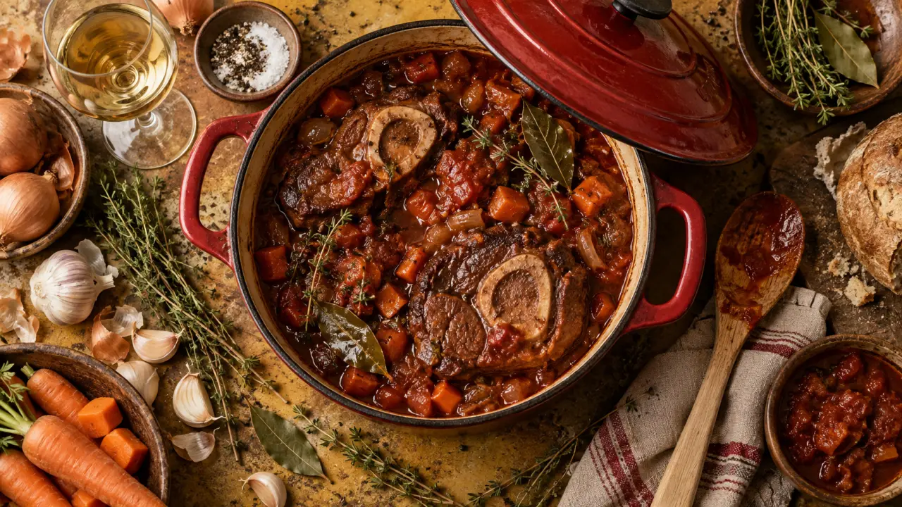 Jarret de boeuf recette italienne, cocotte et sauce tomate