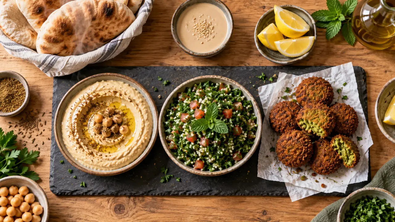 Libanais plat : mezzés houmous taboulé falafels et pita