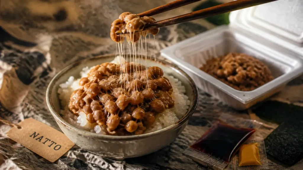 Natto japonais : riz chaud fumant, odeur forte