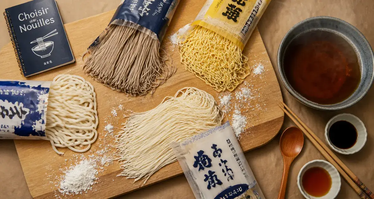 Nouilles japonaises sur planche bois : udon, soba, ramen, somen et bouillon dashi