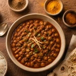 Plat indien vegetarien : chana masala aux pois chiches, riz et naan