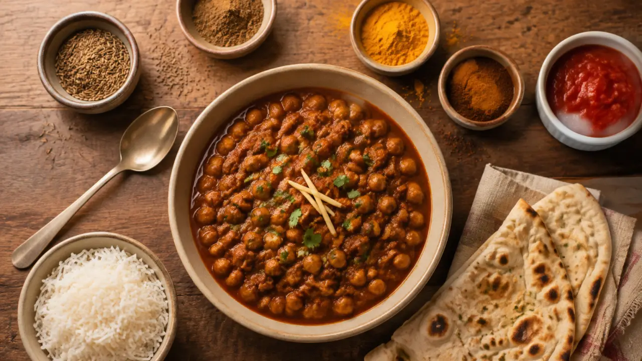 Plat indien vegetarien : chana masala aux pois chiches, riz et naan