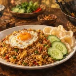 Plat indonésien nasi goreng et sambal, krupuk et wok noir