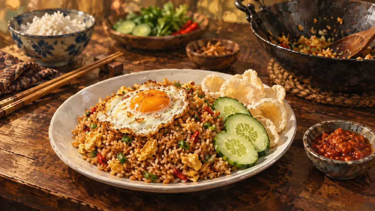 Plat indonésien nasi goreng et sambal, krupuk et wok noir