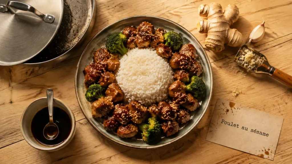 Poulet aux sesame caramélisé, riz parfumé, sauce nappante, sésame doré