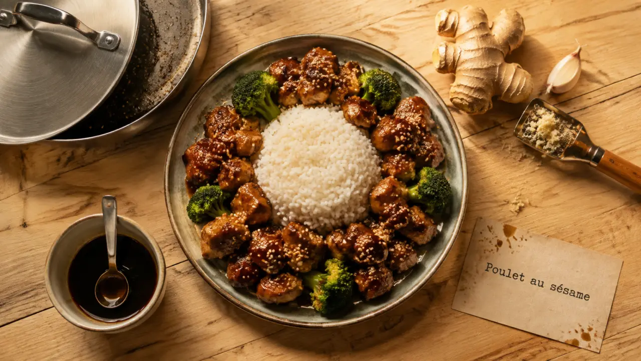 Poulet aux sesame caramélisé, riz parfumé, sauce nappante, sésame doré