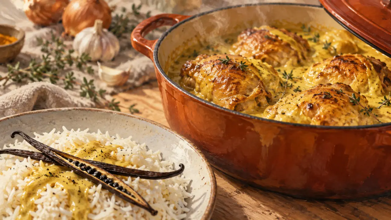 Poulet vanille en sauce crème au curcuma, vanille et riz basmati
