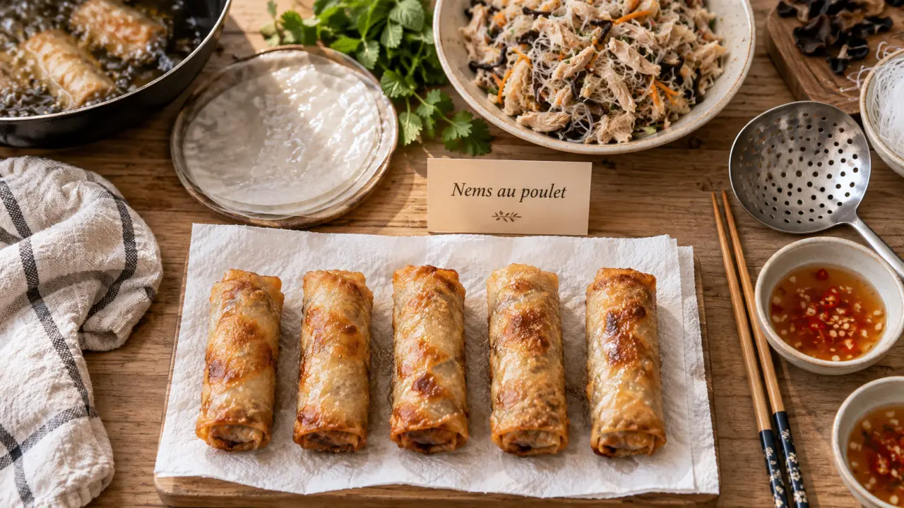 Recette pour les nems au poulet : nems dorés, farce bien égouttée, cuisson en deux temps