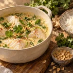 Recette poisson thailandais au lait de coco, poisson poché et riz au jasmin fumant