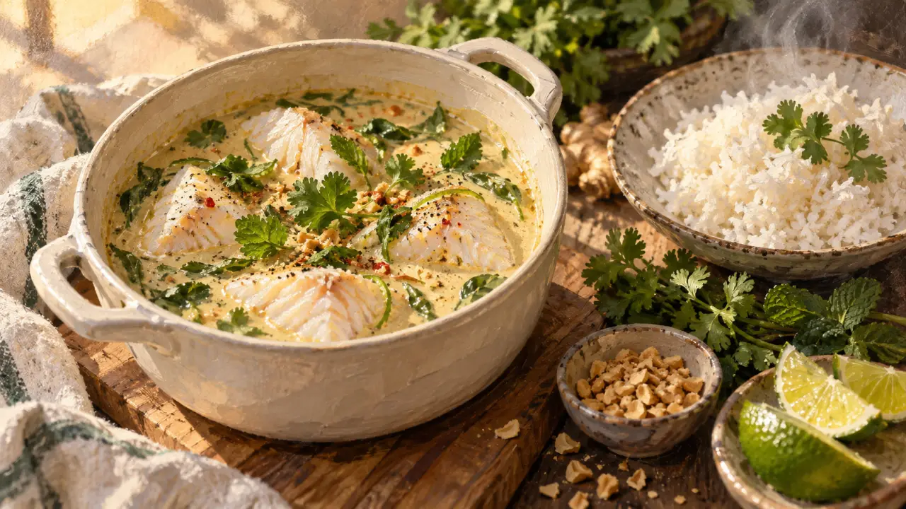 Recette poisson thailandais au lait de coco, poisson poché et riz au jasmin fumant