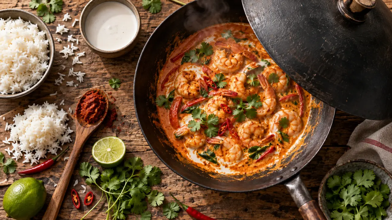 Recettes crevettes thailandaises : curry coco rouge prêt en 30 minutes
