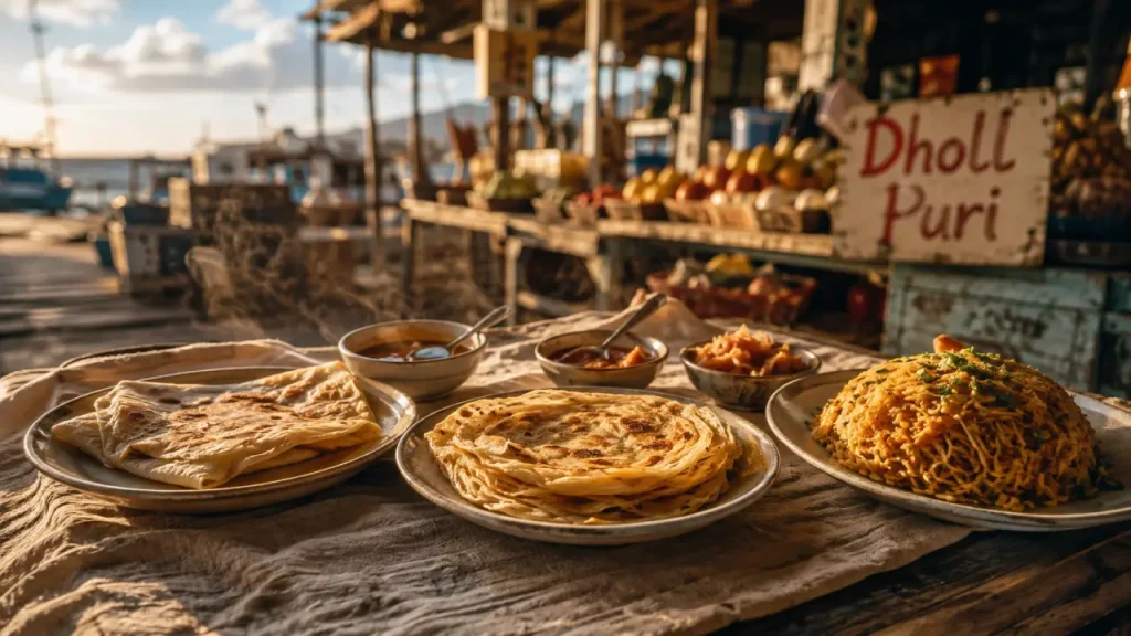 Spécialités ile maurice : dholl puri, farata et mine frites sur marché