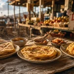 Spécialités ile maurice : dholl puri, farata et mine frites sur marché
