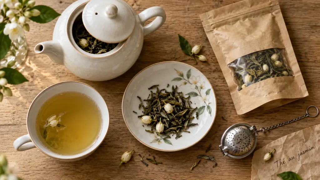 Thé au jasmin bienfaits : tasse de thé vert et perles de jasmin sur table en bois