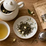Thé au jasmin bienfaits : tasse de thé vert et perles de jasmin sur table en bois