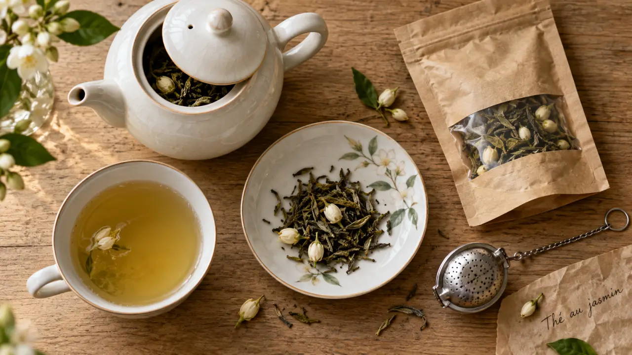 Thé au jasmin bienfaits : tasse de thé vert et perles de jasmin sur table en bois