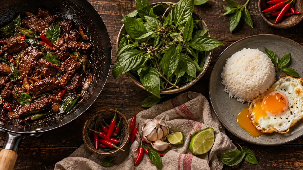 Boeuf au basilic thaï saisi au wok, basilic frais et sauce soja