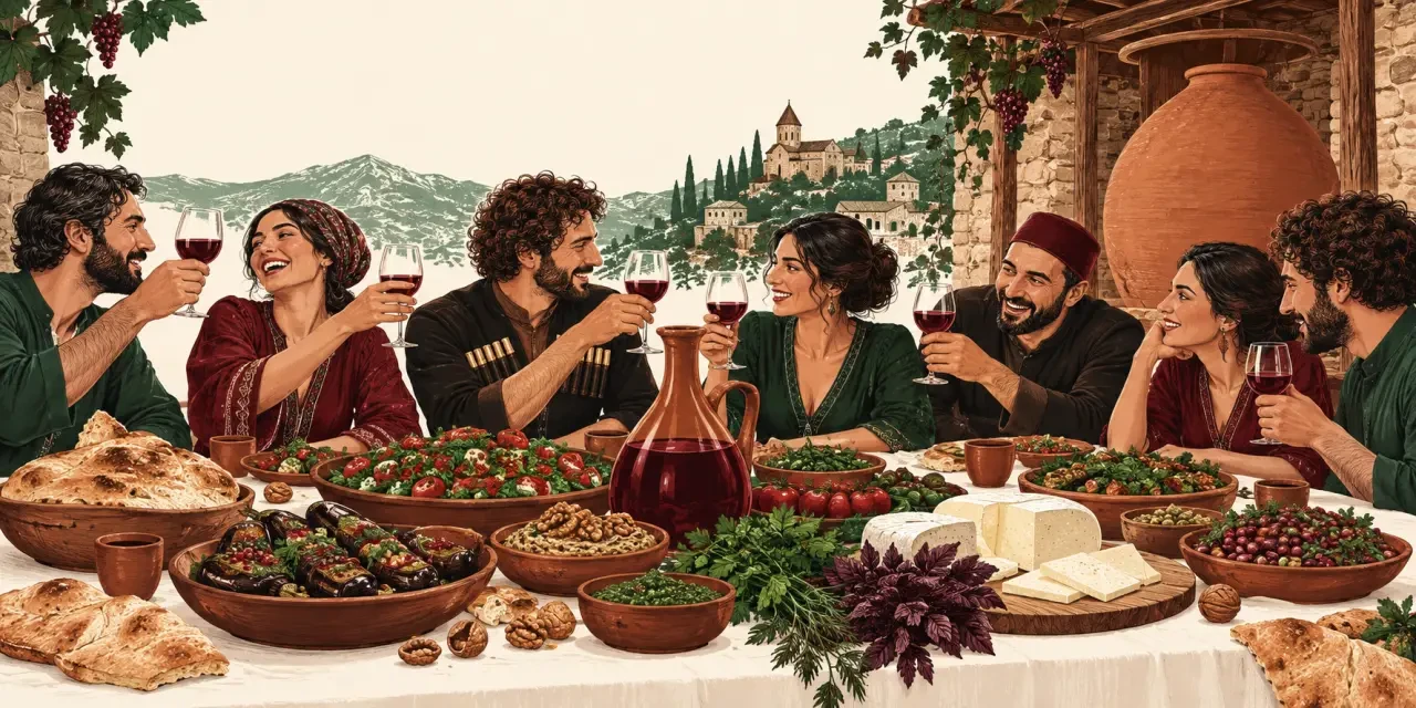 Supra et traditions de la cuisine géorgienne autour d'une table de fête