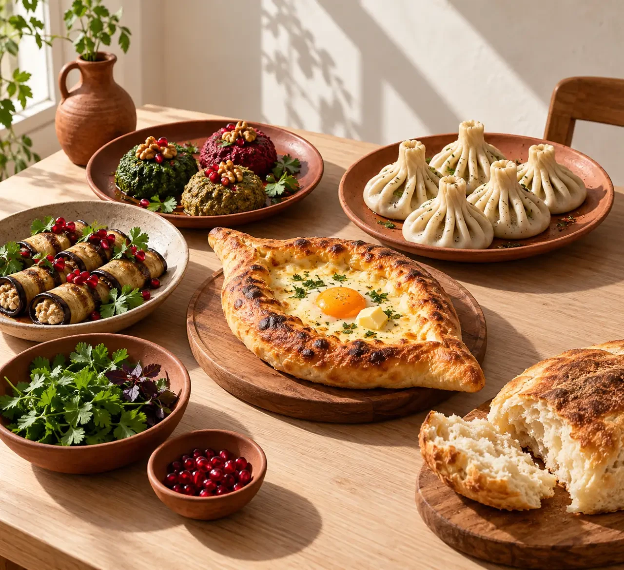 Cuisine géorgienne avec khachapuri, khinkali, pkhali et aubergines aux noix