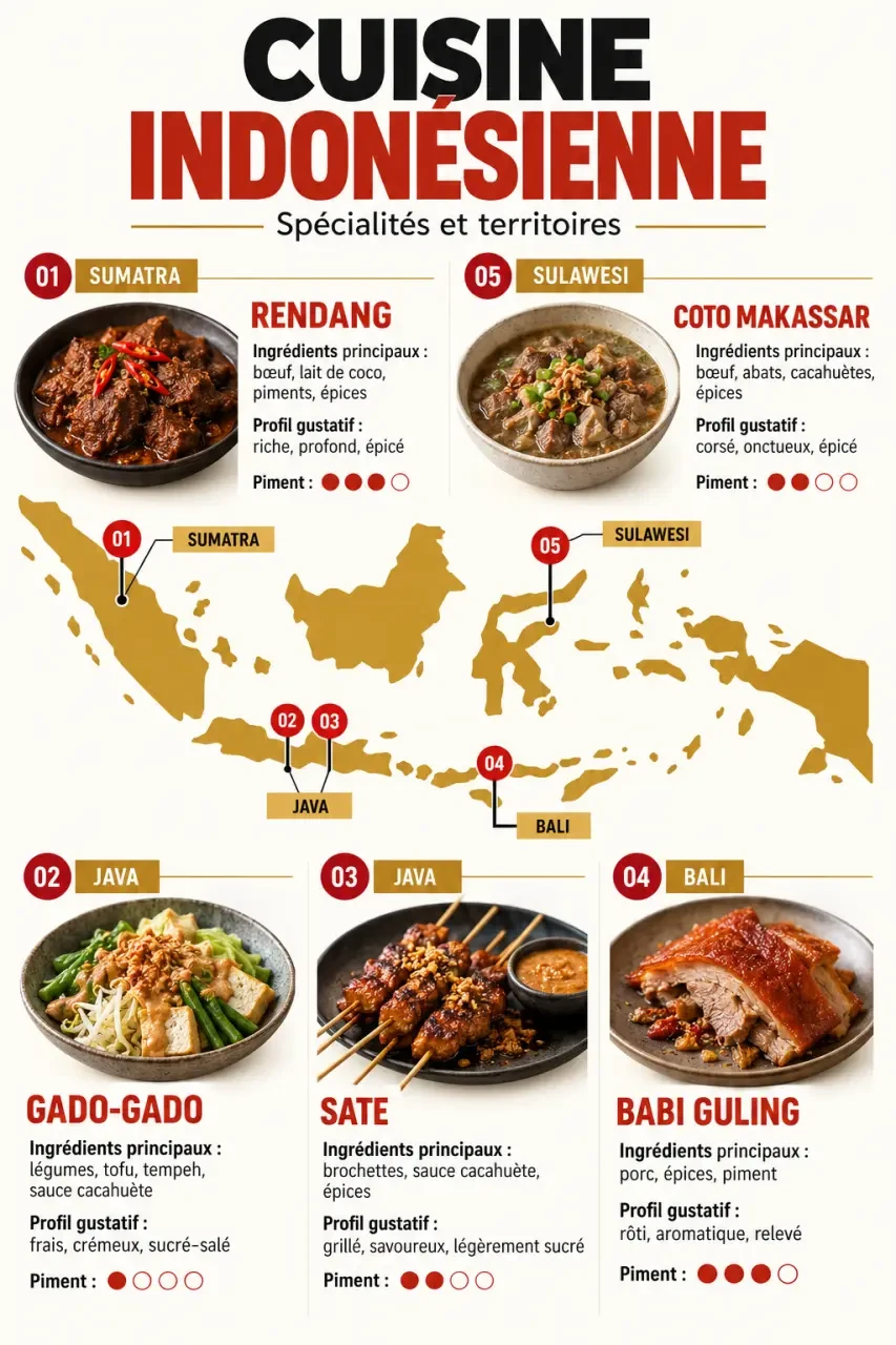 Infographie sur la cuisine indonesia, ses plats emblématiques et leurs régions d’origine